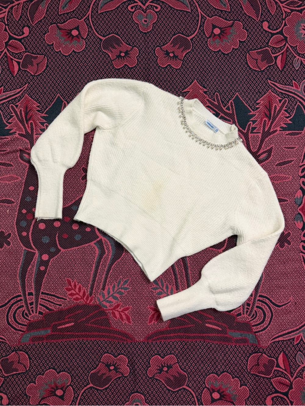 Valleygirl Cream Jewel-Neck Cropped Sweater
